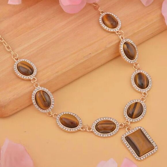 Yellow Tiger's Eye and White Austrian Crystal Adjustable Necklace 90.00 ctw New - Picture 3 of 6